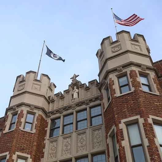 The facade and towers of St. Benedict Hall